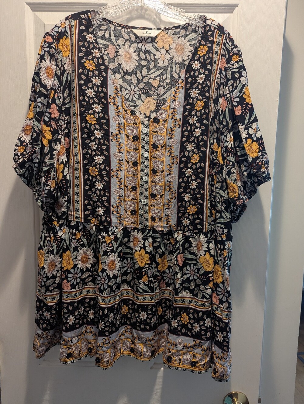 Agnes Orinda Women’s Floral V-Neck Button Black Yellow Babydoll Top Sz 4X *GUC